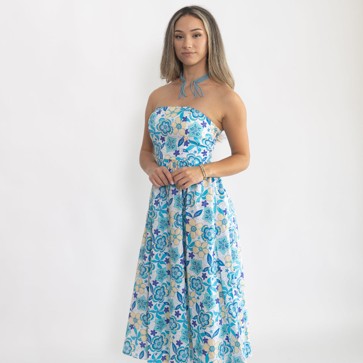 Aqua Bloom Midi Strapless Dress Seabreeze Floral / S