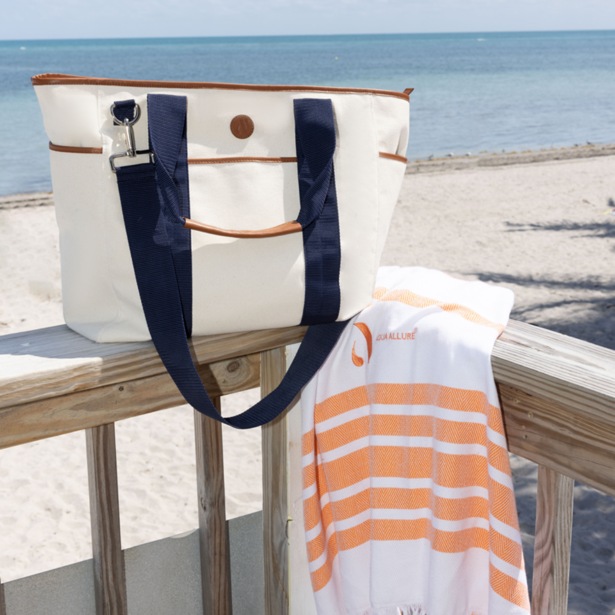 Eco luxe water-resistant tote with quick dry Turkish towel.