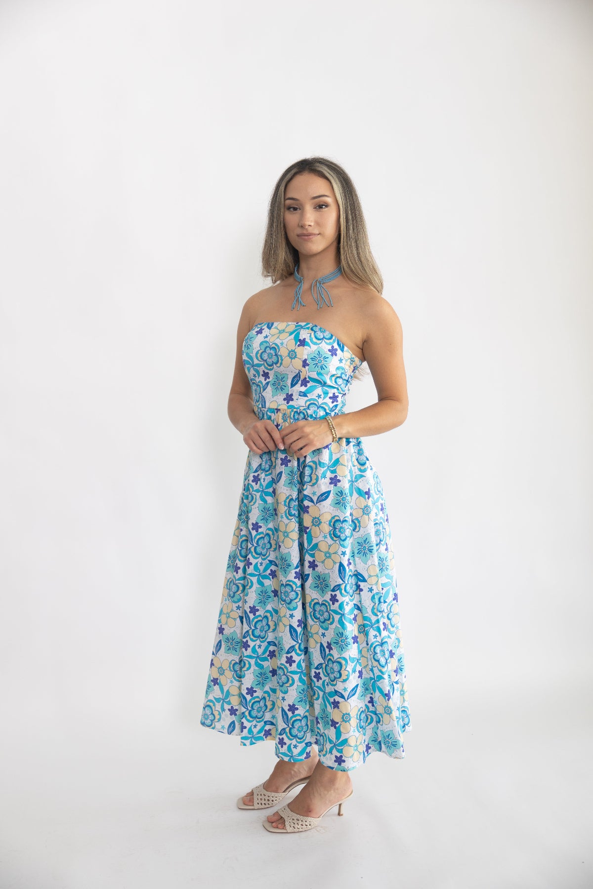 aqua blu dresses Bloom Midi Strapless Dress Seabreeze Floral / S blend maxi with waist 525 Women's Sabine Striped AGE:Adult Size:L(8-10)
